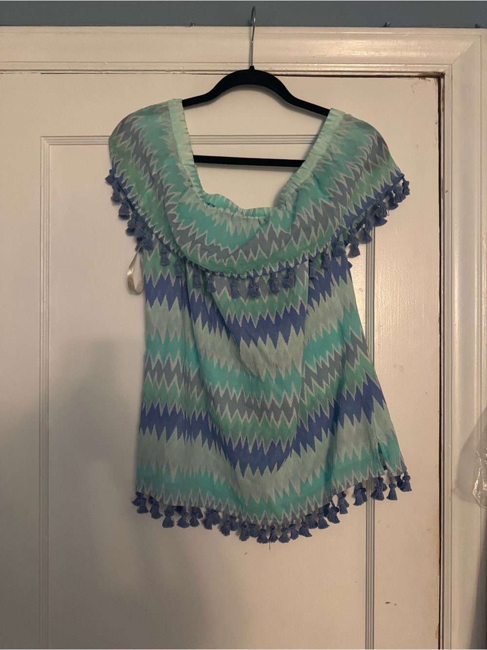 Sail to Sable Mint, Aqua & Blue Zigzag Off-Shoulder Tassel Top